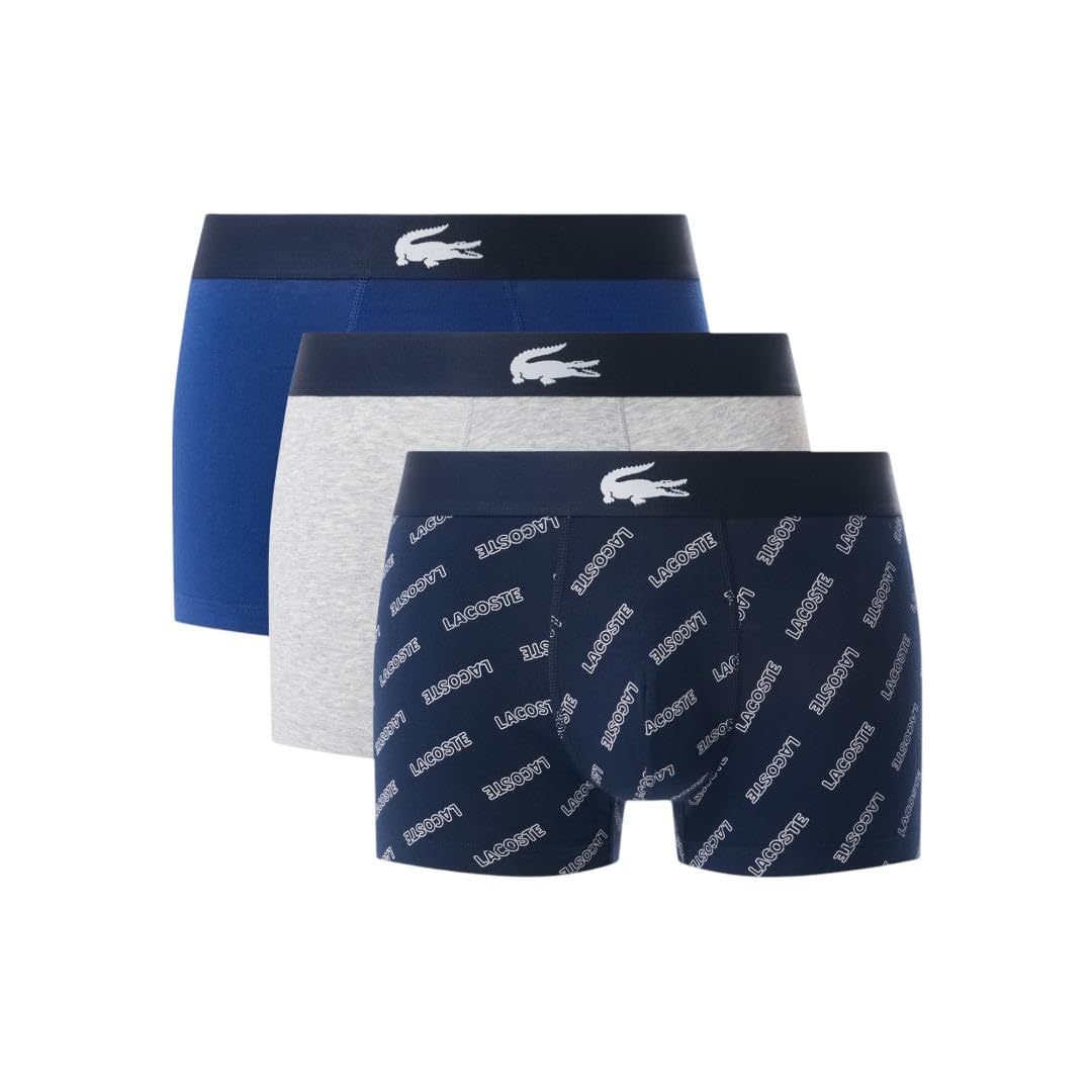 Lacoste Men's Cotton Stretch Diagonal Print Trunks, 3-pack, Navy Blue/White/Dove Grey, Medium Image
