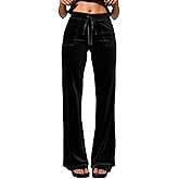 winkbay Women's Plus Size Velvet Flare Pants Y2k Drawstring Low Rise Trousers with Pockets