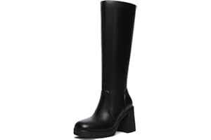 Athlefit Black Knee High Boots for Women Platform Tall Boots Fashion Square Toe Chunky Heeled Booties