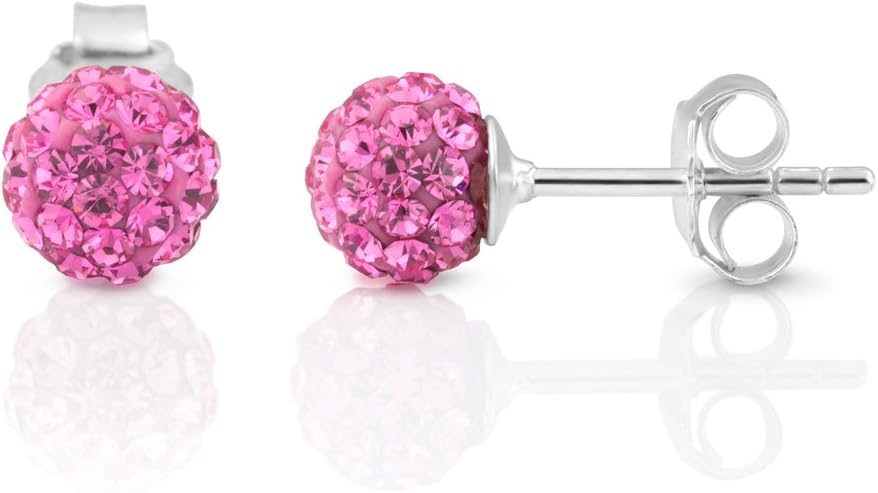 925 Sterling Silver Rose Pink Crystal Rhinestone Disco Ball 7 mm Post Stud Earrings