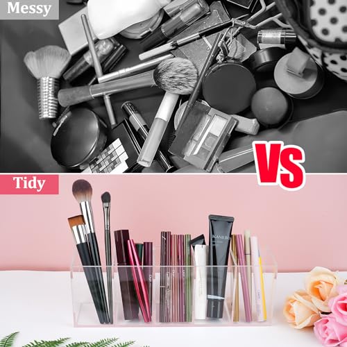 WINKIO Brush Holder with 5 Compartments, Acrylic Brush Holder, Clear Makeup Organizer, Large Capacity, Divided Storage, Multifunctional Cosmetic Organizer for Brushes, Eyeliners, Lipstick