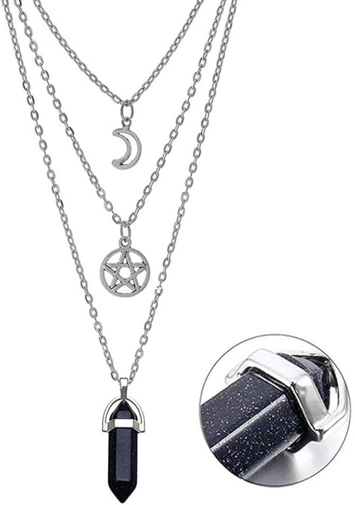 MJartoria Moon Pentagram Necklace Pentacle Chakra Charm Pendant Multi Layer Alloy Chain Choker Necklace Set Gothic Jewelry (Silver star hexagonal column-3pcs): Clothing