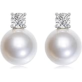 Mameloly Pearl Earrings for Women Dainty 925 Sterling Silver Cubic Zirconia CZ 10MM Simulated White Pearl Stud Drop Engagement Wedding Birdal Earrings Hypoallergenic