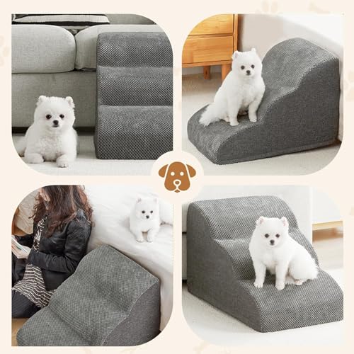 Beauenty Dog Stairs Ramp for Beds Couches, 19.7” H Extra Wide 4-Step Pet Steps for Small Dogs and Cats, Non-Slip Waterproof Fabric Cover, Stable and Balanced Indoor Step, Grey (4-Step)