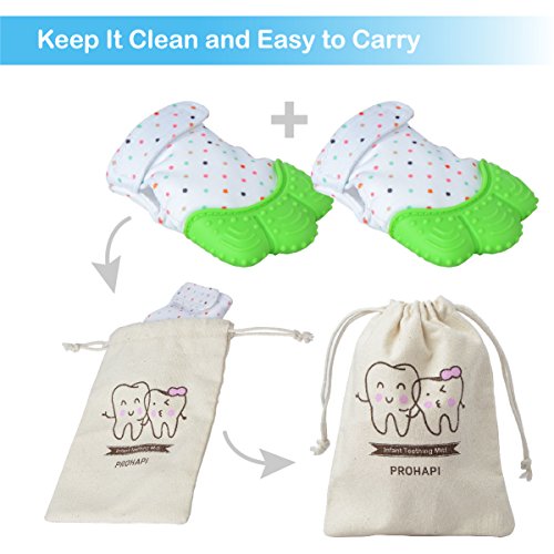 Prohapi Silicone Baby Teething Mitten, Self Soothing Teether & Teething Pain Relief Toy Glove plus Hygienic Travel Storage Pouch - Natural Remedy for Infants & Toddlers 3-12 months(Light Green 2PCS)