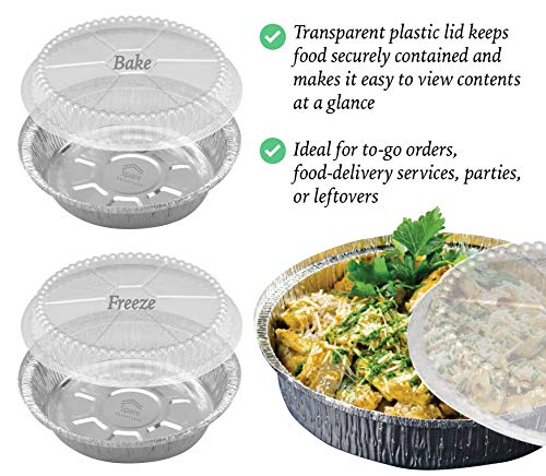 45 Pack - 9 Inch Round Aluminum Pans, with Clear Plastic Lids. Round Tins for Baking and Food Transport. Round Foil Pans. Pie Tins Perfect for Pies, Quiche, Nachos and Pastries by Spare Essentials