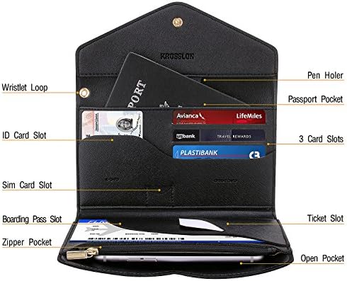Krosslon Womens Travel Passport Holder Rfid Tri-fold Wallet Document Organizer Bag with Wristlet