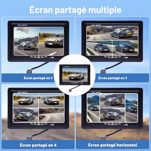 CAMECHO Backup Camera Kit with 7" LCD Display Dual Camera and 4 Channel Quad Video Input, IP68 Waterproof Rearview Camera for Camper, Truck, RV and Trailers