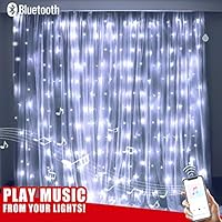 Qunlight Blue Speaker Music Sound Lights 304 LED 9.8ftx9.8ft 30V 8 Modes with Memory Window Curtain Fairy String Lights for Wedding Party Home Bedroom Outdoor Indoor Wall Decorations (Cool White)