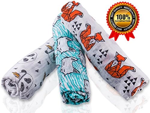 Premium Quality Muslin Baby Swaddle Blankets - 47"x 47" 3-Pack Unisex + BONUS Bib