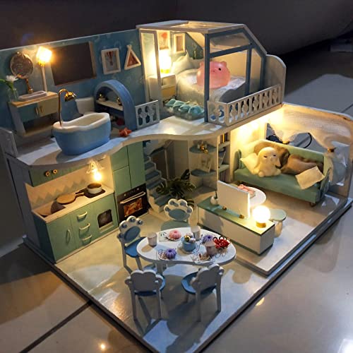 LISTENSEA Dollhouse Wooden Dollhouse Kit Blue Doll House with Music DIY