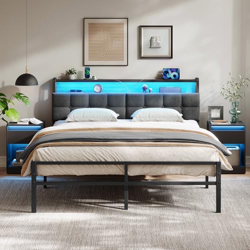 VASAGLE Queen Bed Frame with LED Lights and Charging Station, Metal Platform Bed Frame with Storage Upholstered Headboard, Noise-Free, No Box Spring Needed, Industrial, Ink Black URMB461G201