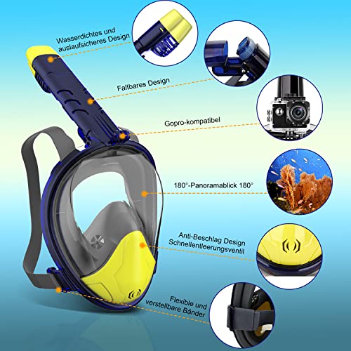 Tauchmaske Schnorchelmaske Vollmaske 180 Anti-Fog-Sichtfeld Vollgesichts Schnorchelmaske für Erwachsene, mit Panoramadesign Anti-Leck Vollgesichtsmaske zum Schnorcheln Kompatibel mit der Kamera -L/XL