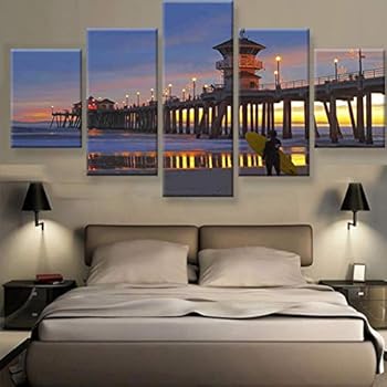 5 Paintings 5 Piece Canvas Painting Huntington Beach Pier Sunset Surfers View Landscape Wall Art Home Decor