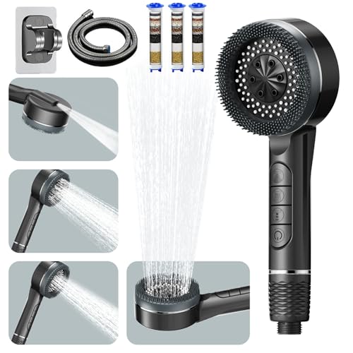 Pommeau Douche Haute Pression,Pommeau De Douche Anti Calcaire,Avec 15 Étapes Filtre*3 et Tuyau 1,5M,Support,4Types de Jets Douchette Douche Salle de Bain,SPA Shower Head Economie,Gris