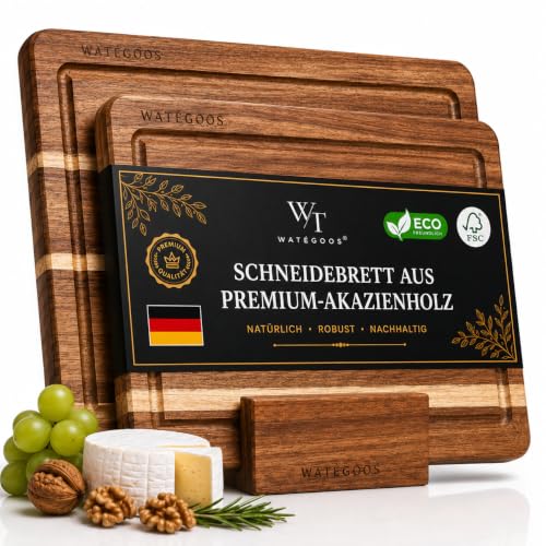 2er Set Schneidebrett Holz aus Akazie Premium mit Halter