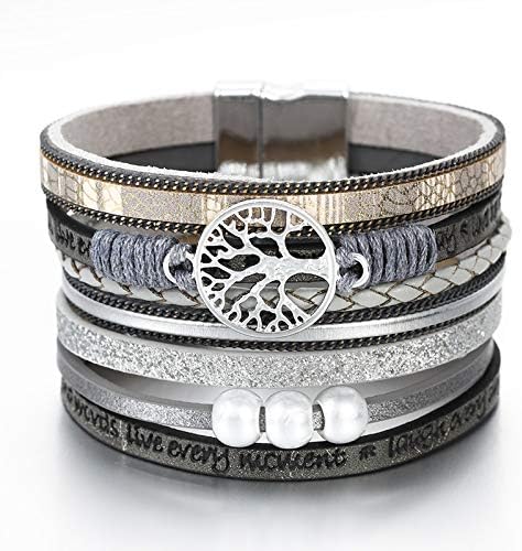 Amazon Co Jp Pnbhd ワイド女性ファッション生活の木レディースボヘミアン多層ラップブレスレット女性のためのレザーブレスレット Metal Color グレー ホーム キッチン