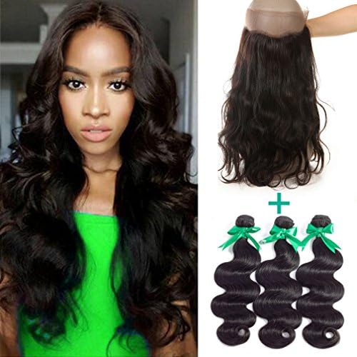 MIssIvy Hair Brazilian Virgin Hair Body Wave Human Hair 360 lace frontal Band Closure 22"x4"x2" Body Wave Hair Around Natural Hairline with 3 Bundles for Black Women 12 12 12+10inch