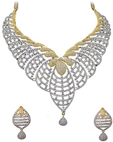 American Diamond CZ Zircon Women Fashion Necklace Set Indian Bridal Golden Colored Swam Jewelry S-441