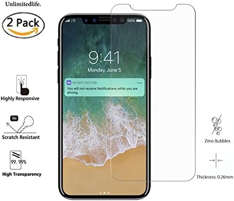 iPhone X Screen Protector Glass, UnlimitedLife [2Pack] 0.26mm 9H Tempered Glass Screen Protector,Bubble Free,Anti-scratch,Case friendly for the new apple iPhone X