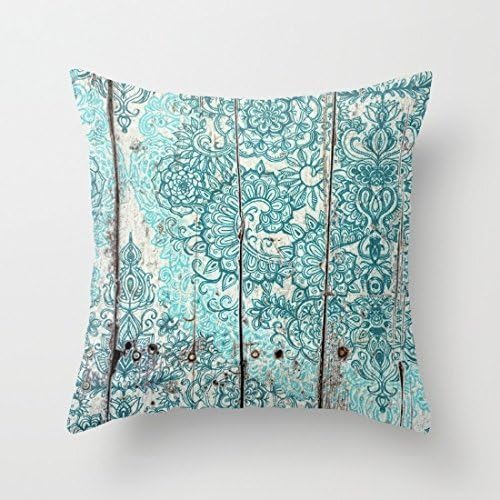 KarilShop Beautiful Teal &amp; Aqua Botanical Doodle on Weathered Wood Linen Throw Pillow Case Cushion Cover Home Sofa Decorative 18 X 18 Inch.