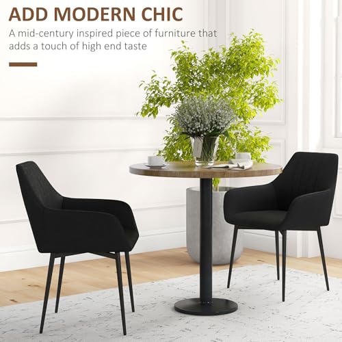 HOMCOM Dining Chairs Set of 2, Upholstered Kitchen Chairs, Linen Fabric Accent Arm Chairs with Metal Legs, Black