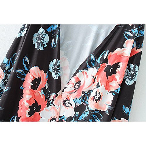 BB&KK Flower Chiffon Shawl Kimono Cardigan Coats Jackets Cover up Blouse Tops (L, Black)