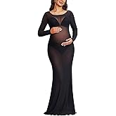 Bhome Maternity Photoshoot Dress Long Sleeve Sheer Mesh Maternity Maxi Gown Babyshower