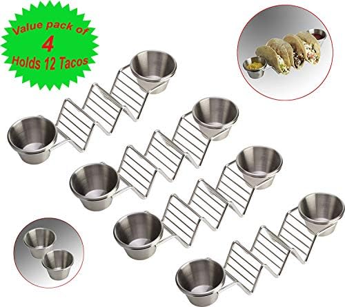 4 Pack Stainless Steel Taco Holder Tray by Clasier–Exclusive Taco Stand with Removable Salsa Serving Cups –Dishwasher and BBQ Grill Safe, Oven Safe Rack for Baking or Reheating-10.5 x2.5 x2 inches