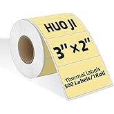 500 3x2 Thermal Labels Roll, HUOJI Yellow Thermal Printer Labels for Shipping, Barcode, and Packaging, Compatible with Rollo, Zebra, Munbyn Printers(Commercial Grade Stickers)