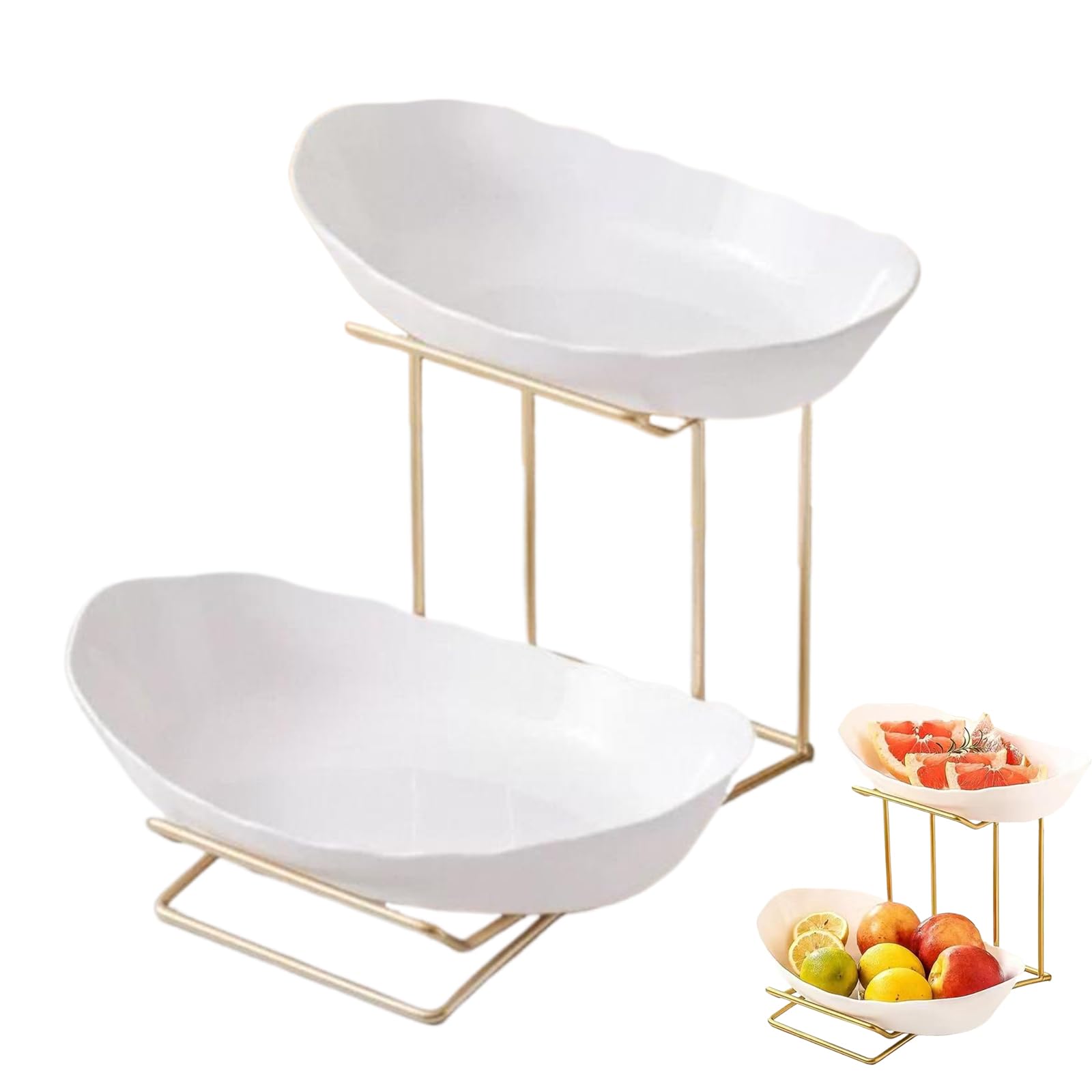 Photo 1 of 2 Tier Plastics Fruit Bowl for Kitchen Counter?Tiered Fruit Basket for countertop?Snack Plate?Gold Metal Rust Prevention?Party, Family, Birthday,Fully Welded Firmly (Gold&White)