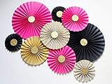 Hot pink Black Gold Cardstock Kate Spade Inspired Paper Fan Backdrop SET OF 9 for Bridal Shower, Birthday, Bachelorette party and Wedding