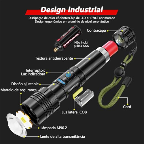 Lanterna Tatica Militar, Lanterna Led Recarregável 10000 Lúmen, com 7 Modos, XHP90.2 Chip e Zoom, Lanterna Potente de Longo Alcance, Acessorios para Acampamento, Pesca, Caminhada, Camping