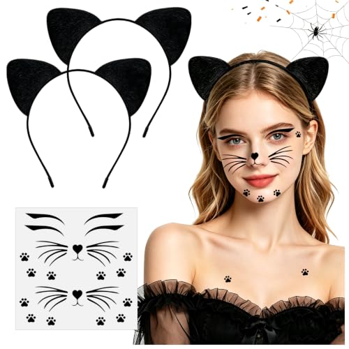 Black Cat Ears Headband and Whiskers Face Stickers for Women Accessories at Amazon