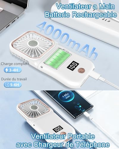 DDKJ Portable Folding Hand Fan 180° - Powerful 4000mAh Battery | Up to 8 Hours | LED Display Battery Levels & Speeds | Neck Cord for Office Travel Outdoor Children & Adults