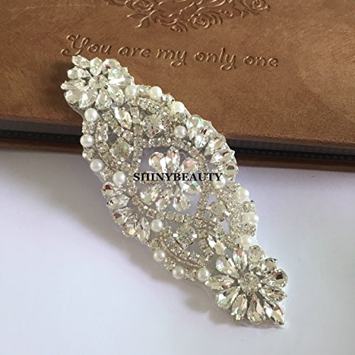 ShiDianYi Rhinestone and pearl beaded applique for bridal sash, wedding headband, garters (Silver)
