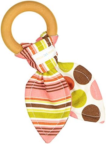 Wooden Teething Ring Toy - Bunny Ears Teether - 100% Cotton Summer Stripes &amp; Dot - Natural Teething alternative to plastic teether- Girls Teething Ring Toy