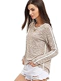 ROMWE Women's Scoop Neck Long Sleeve Tee Contrast Trim High Low Marled Knit T-shirt khaki S