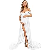 ZIUMUDY Maternity Dress for Photoshoot Photography Split Front Sheer Chiffon Off Shoulder Maternity Gown