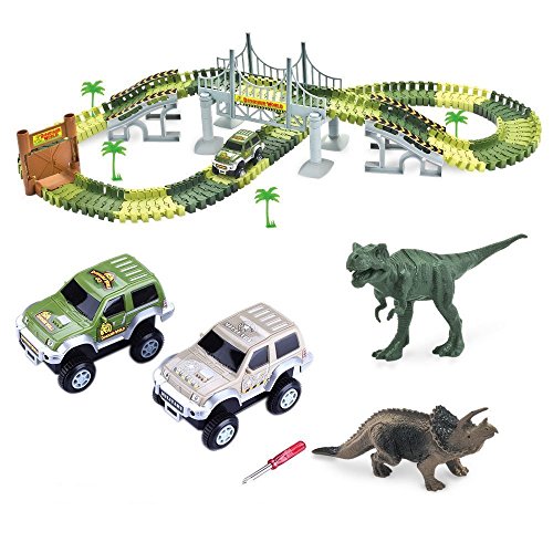 ONTOPON Dinosaur Tracks Circuit 2 Car 142 Pieces Modular, Magic and Games Circuit Car Toy with Ultra Fun Accessories(142p)
