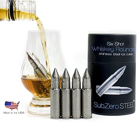 SubZero STEEL Whiskey Rounds Solid Stainless Steel Bullet Shaped Whiskey Stones - Set of 6 - Whiskey Chillers - Wine Chillers - Alcohol Ice Cubes - Whiskey Stones