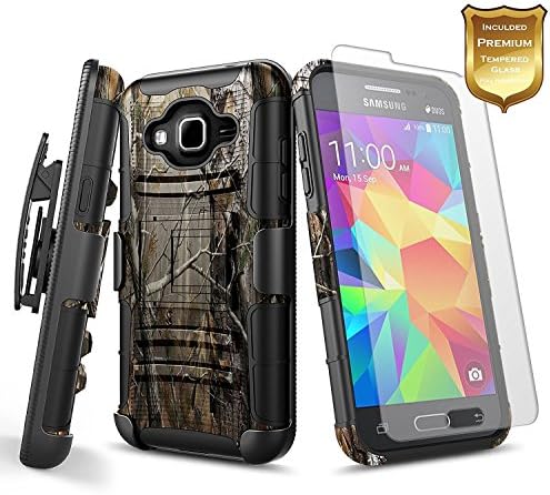 NageBee for Samsung Galaxy Grand Prime Case, J2 Prime Case, Go Prime, Grand Prime Plus w/[Tempered Glass Screen Protector] [Heavy Duty] Shock Proof Belt Clip Holster Kickstand Combo Rugged Case -Camo