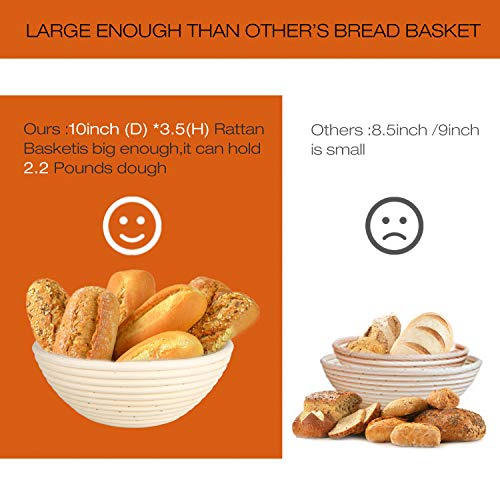 10" Banneton Bread Proofing Basket Set-Brotform Rattan Basket with(Cloth Liner,Dough Scraper,Bread Lame,Instruction) for Rising Round Crispy Crust Baked Bread Making Dough Loaf Boules