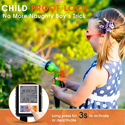 Programmable Water Timer,3" Large Screen/IP65 Waterproof/Child Lock Mode/Auto&Manual Mode/Rain Delay/Upgrade Material,Hose Timer Sprinkler Timer Faucet Digital Watering Timer for Garden Lawn