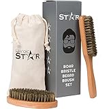 Heroic STAR Beard Brush Two Piece Set With Cloth Drawstring Bag Grooming Kit - Made From 100% Genuine Natural Boar Bristle And Solid Beech Wood - Perfect For Use With Beard Oil Balm Wax And Pomade