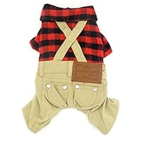 SMALLLEE_LUCKY_STORE Pet Clothes for Small Dog Cat Red Plaid Shirts Sweater with Khaki Overalls Pants Jumpsuit Outfits XL