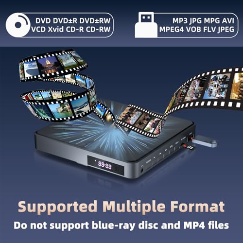 Desobry DVD Player for TV, Mini DVD Player HDMI Full HD 1080P, USB DVD Player with USB/TF Inputs, All Regions, Error Correction, Noise Reduction, HDMI/RCA Cables Included