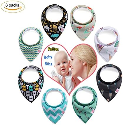 Rolina 8-Pack Baby Bandana Drool Bibs for Boys and Girls, Hypoallergenic Absorbent Soft Organic Cotton Bibs Set with Snaps for Teething and Drooling