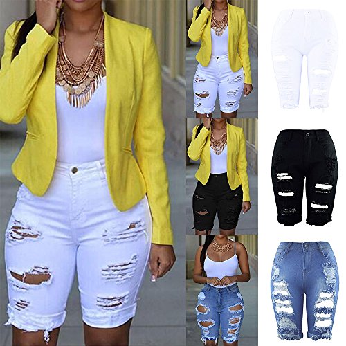 Women Elastic Destroyed Hole Jeans, Leggings Short Pants Denim Shorts Ripped Jeans (S, White)