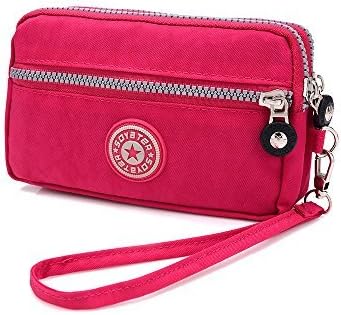 Dual Layers Zipper Purse Waterproof Nylon Wristlet Bag Clutch Handbag Cell Phone Pouch (Red)